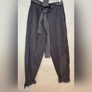 Neo-Vintage Upcycled Blue Grey Tuxedo Fringe High Waist Barrel Leg Cotton Pants